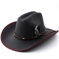 Dark grey felt cowboy hat with red edge stitching, leather band and natural feather accent - M (56-58cm) Adjustable / Dark Grey with Red Binding