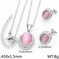 Hip-hop stainless steel jewelry set with pink cat eye stone necklace and earrings - Silver Pink Cat Eye Stone Flower Necklace Earrings Set (KS201107-YX)