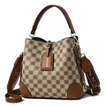 Brown checkerboard bucket bag with premium wide fabric shoulder strap and top handle - Khaki with Brown