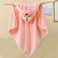 Detail of pink coral fleece hooded baby towel with cute 3D animal embroidery design - Pink Bear