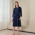 Dark blue lightweight absorbent hotel bathrobe with white piping and belted waist for women - Navy Blue (Women's)
