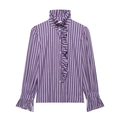 Purple vertical stripe shirt with ruffle high neck and flaring cuffs, flat lay view - S / Purple Vertical Stripe