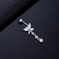 Macro shot of silver butterfly belly ring featuring sparkling zircon tassels and details - Three Round Zircon Butterfly Silver