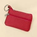 Mini red genuine leather coin purse with double zippers and silver keychain ring - Red