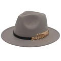 Gray wide brim wool felt fedora hat for women and men featuring golden leaf metal ornament - M(56-58cm) / Light Grey (Golden Leaf)