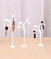 White branch-shaped metal earring display stands in a three-piece set with lace base - Fan Shape / 9/11/13cm Height / White