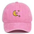 Pink washed cotton baseball cap featuring embroidered yellow moon and stars design - Adjustable / Pink