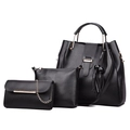 3-piece black tote bag set for women with tassel charm and gold-tone zipper details - Black