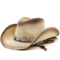 Farbverlauf Cowboy Strohhut mit silbernen Conchos und verstellbarem Windseil - M (56-58cm) / Beige Kaffee Farbverlauf