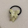 Elastic hair tie with gold double butterfly metallic charms and black high-stretch band - Double Butterfly Gold
