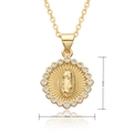 Macro shot of 16mm gold religious pendant with embossed Virgin Mary and zircon halo - Radiant Virgin Mary Round Style (C153)
