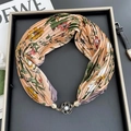 Pink orange silk scarf necklace with floral print and pearl flower magnetic clasp - Rose Buckle-Morning Glory Vine / 37cm