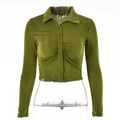 Detail of olive green cropped shirt featuring pleated chest design and button closure - M / Green