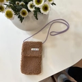 Brown plush crossbody mini phone bag with purple strap and decorative sozakka label - Plush Brown