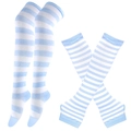 Blue and white striped over-knee socks and fingerless arm sleeves set for cosplay - One Size / Sky Blue and White Striped