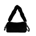 Minimalist black faux fur handbag with plush texture and adjustable leather strap - Black