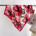 Close-up of red floral print silk scarf hanging naturally with vibrant flower patterns - 66-70cm / Red (FJ967-7)