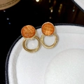 Retro geometric earrings with amber orange resin top and triple golden metal rings - Silver Pin - Orange Brushed Geometric Stud Earrings