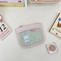 Detailed view of quilted checkered coin purse with transparent card slot and zipper - Quilted Heart Plaid Cyan Yellow