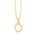 Detailed view of golden letter O pendant with elegant white pearl inlay and metal chain - Gold Letter O