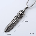 Macro detail of vintage stainless steel feather pendant with precise dimensions and weight - Single Pendant Style 12