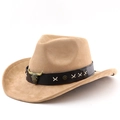 Classic khaki suede cowboy hat with vintage bull head leather band and wide brim design - M (56-58cm) / Camel