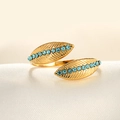 Adjustable gold plated leaf ring with blue zircon crystals in a minimalist open design - Adjustable Open / 18K Gold Plated Leaf Blue Zircon