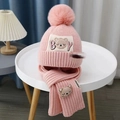 Pink knit baby hat and scarf set with fluffy pompom and cute bear patch for winter - BY Cartoon Bear Set - Pink