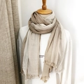 Japanese style khaki and beige striped cotton linen scarf with soft fringes for winter - Beige