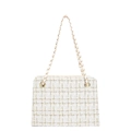 Bolso tote de tweed a cuadros con cadena dorada y textura de tejido entrelazado - Lana Blanco