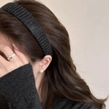 Close-up of elegant black knitted headband with pearl earrings and silver ring - Dark Gray