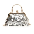 Elegant silver sequin evening shell bag with gold handle and chain shoulder strap - Silver