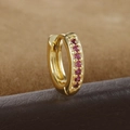 Macro view of gold huggie earring with row of pink zircon stones on textured leather - 8mm Hoop (1PC) / Gold-Rose Red