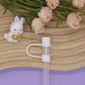 White silicone straw cover cap with anti-lost ring on 10mm straw with cute rabbit decor - 10mm Straw Cap (Without Straw) / White