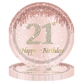 Rosa und roségoldene Einweg-Pappteller zum 21. Geburtstag mit Glitzer-Design - 21. Geburtstag Große Teller