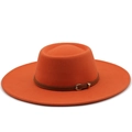 Detailed close-up of the orange wool felt fedora featuring a brown leather belt buckle strap - M (56-58cm) / Orange