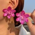 Statement magenta metallic orchid floral earrings with shiny texture and center bead - Rose Red Orchid Earrings (1243)