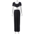 Dettagli dell'abito nero cut-out con profili bianchi a contrasto e trama a costine - S / Nero
