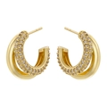 Detail view of double hoop gold earrings with shimmering pavé cubic zirconia inlay - Double Layer Zirconia C-Shape / Gold Multi-layer C-Shape