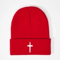 Winter knitted beanie in bright red featuring a white cross embroidery detail - Red