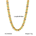 Detail of golden stainless steel necklace featuring green enamel olive leaf pendant design - Green Leaf Necklace (HC-N40022)