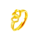 Adjustable golden double heart ring featuring interlocking polished and frosted textures - Double Heart (J2296)