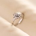Detail of adjustable silver steel ring with marble stone and sunburst flower design - Silver-White Marble