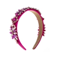 Detailed view of handmade floral crystal embellishments on a fuchsia baroque headband - Rose Red