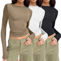 Three-pack of women's slim fit long sleeve T-shirts in brown, white and black colors - L / Tops / 3-Pack / Khaki Set