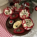 Red and white crochet ruffle scrunchies and festive knit hair clips set in wood tray - White with Red Edge