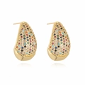 Elegant gold teardrop earrings with colorful zircon stones in a symmetrical studio shot - Gold/Multicolor Zirconia