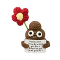 Handmade brown crochet poo doll with red flower holding positive message card - Floral Arrangement Poo