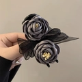 Elegant dark grey rose fabric hair claw with mesh bow for bun hairstyles - Elegant Grey