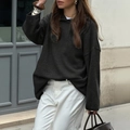 Women's casual black hooded knitted sweater in a loose fit, styled for street wear - S / Black